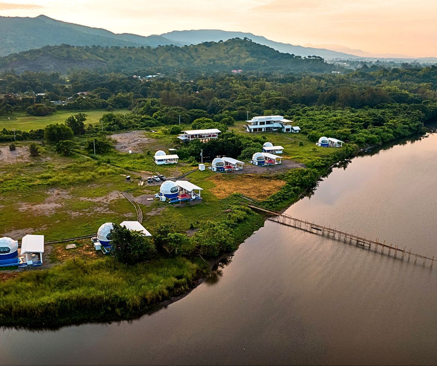 Aerial of the domes and river at golden hour