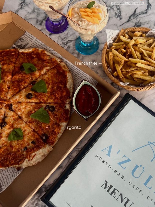 Wood fired margarita pizza with French fries and the A’Züla menu
