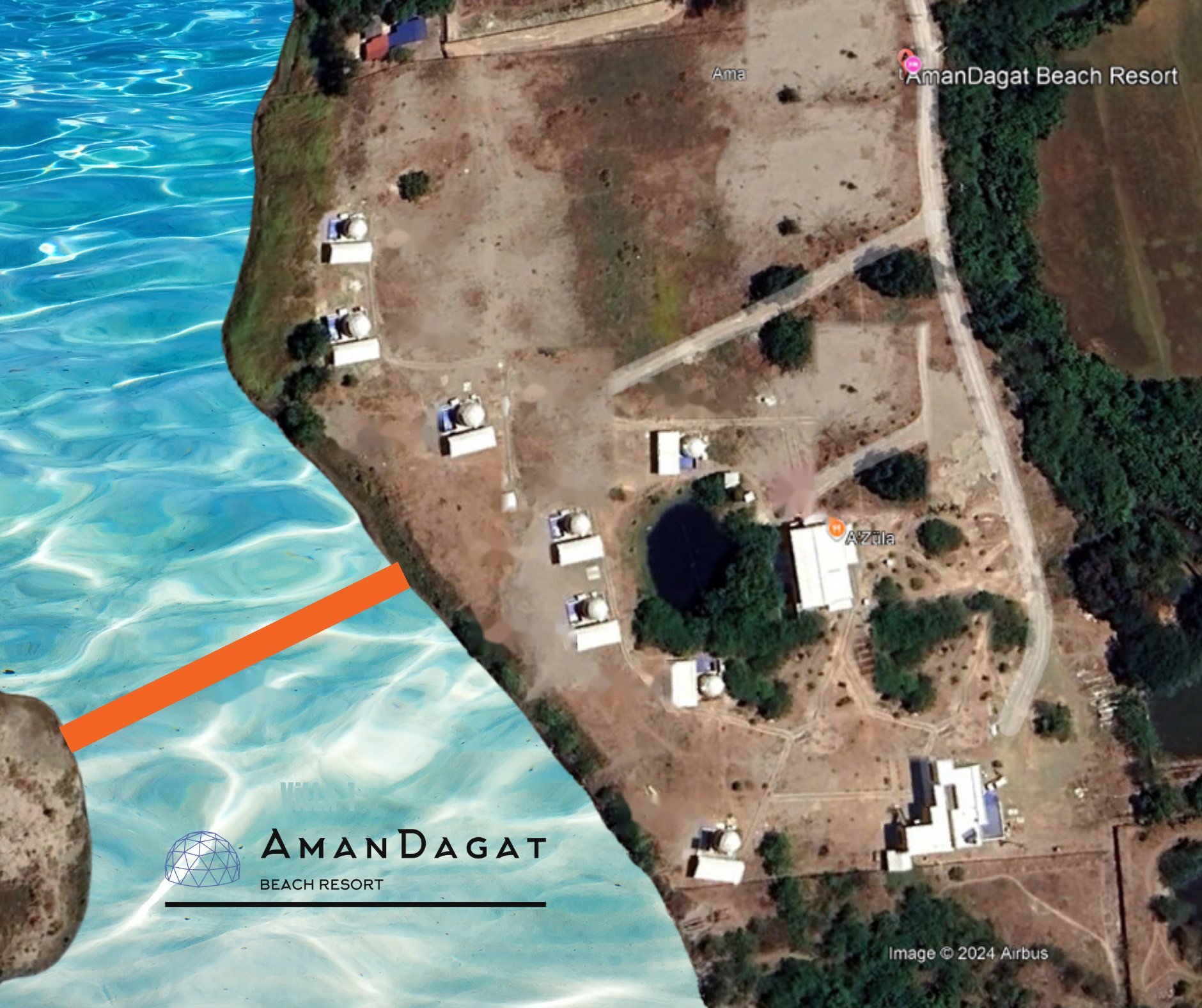 Aerial site map of AmanDagat Beach Resort in San Felipe, Zambales showing all eight Dome Pearl Villas, the A’Züla Resto Bar, parking areas, entrance, and the Pearl Bridge across the river to the beach
