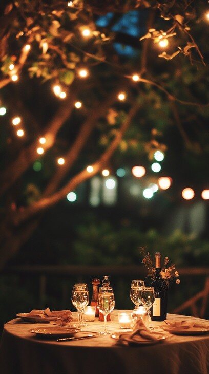 A candlelit dinner table set beneath glowing lights in the evening