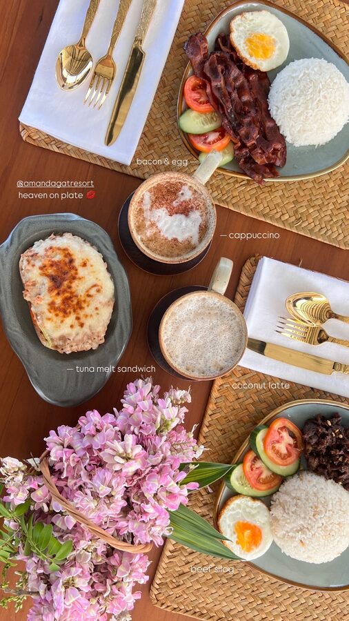 Breakfast at A’Züla — bacon and egg, tuna melt, beef silog and coconut latte