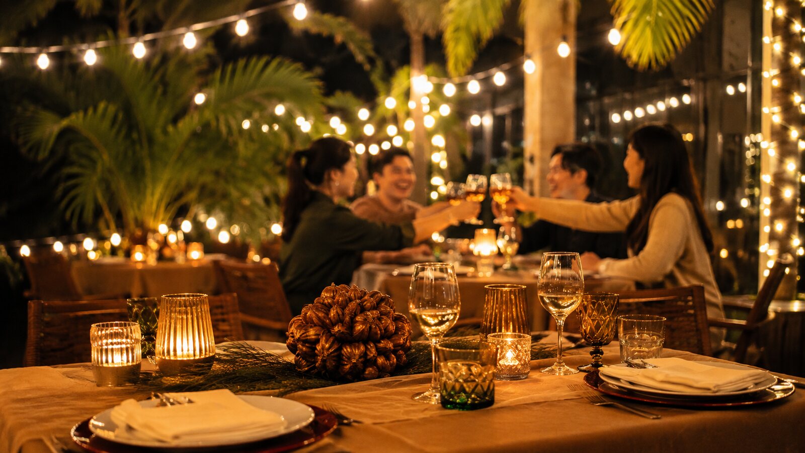 Friends raising a toast at a candlelit table beneath string lights and palms at A’Züla