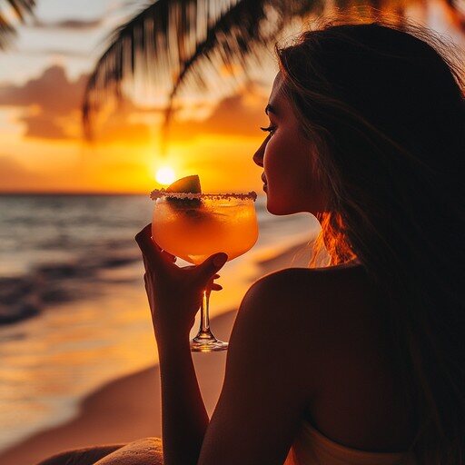 A guest with a sunset cocktail as the sky turns gold over the sea