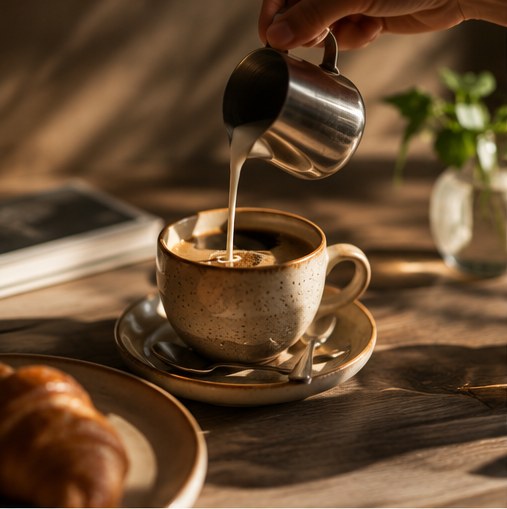 Milk poured into fresh barista coffee at A’Züla