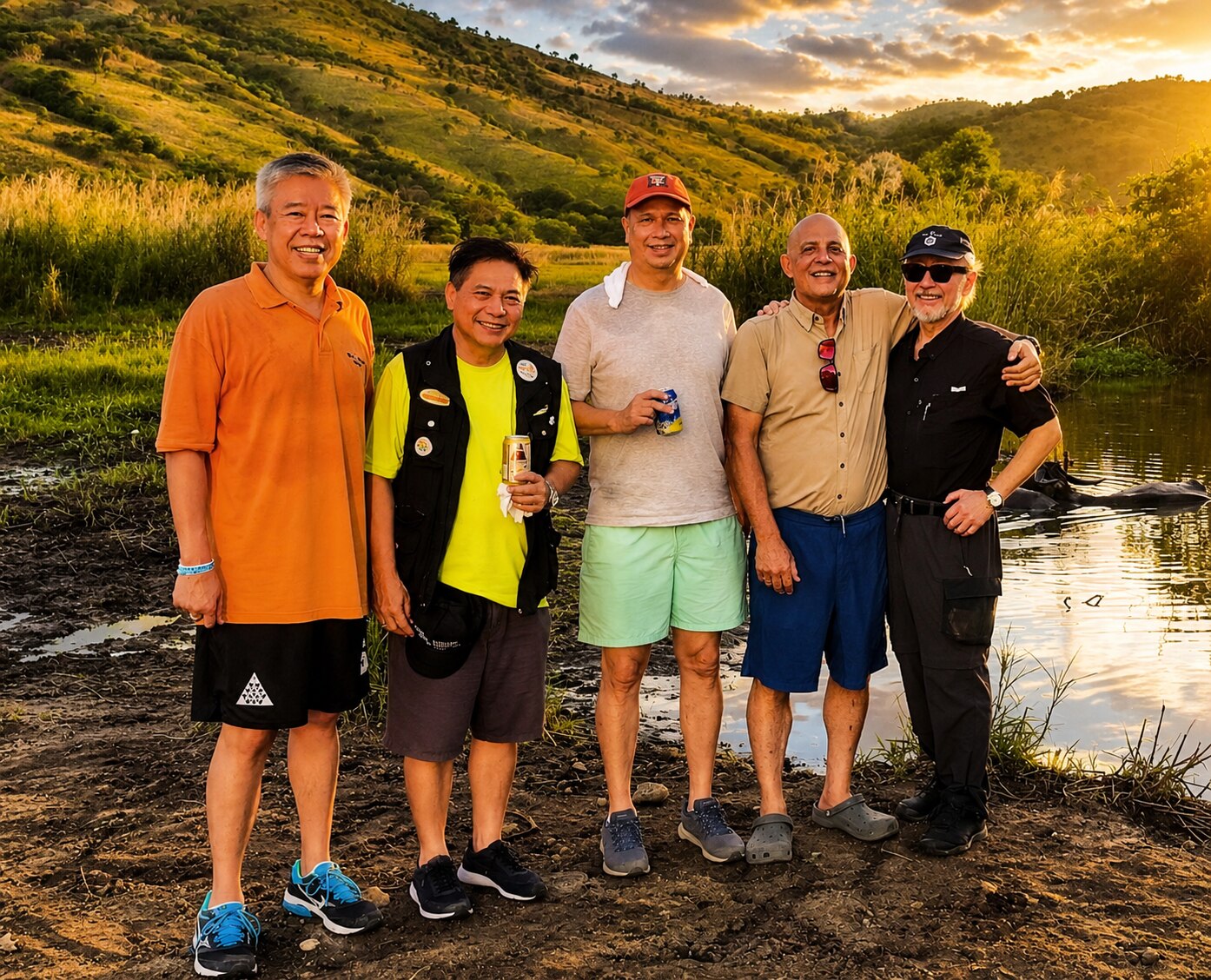 Retreat group by the river at golden hour, Zambales hills behind