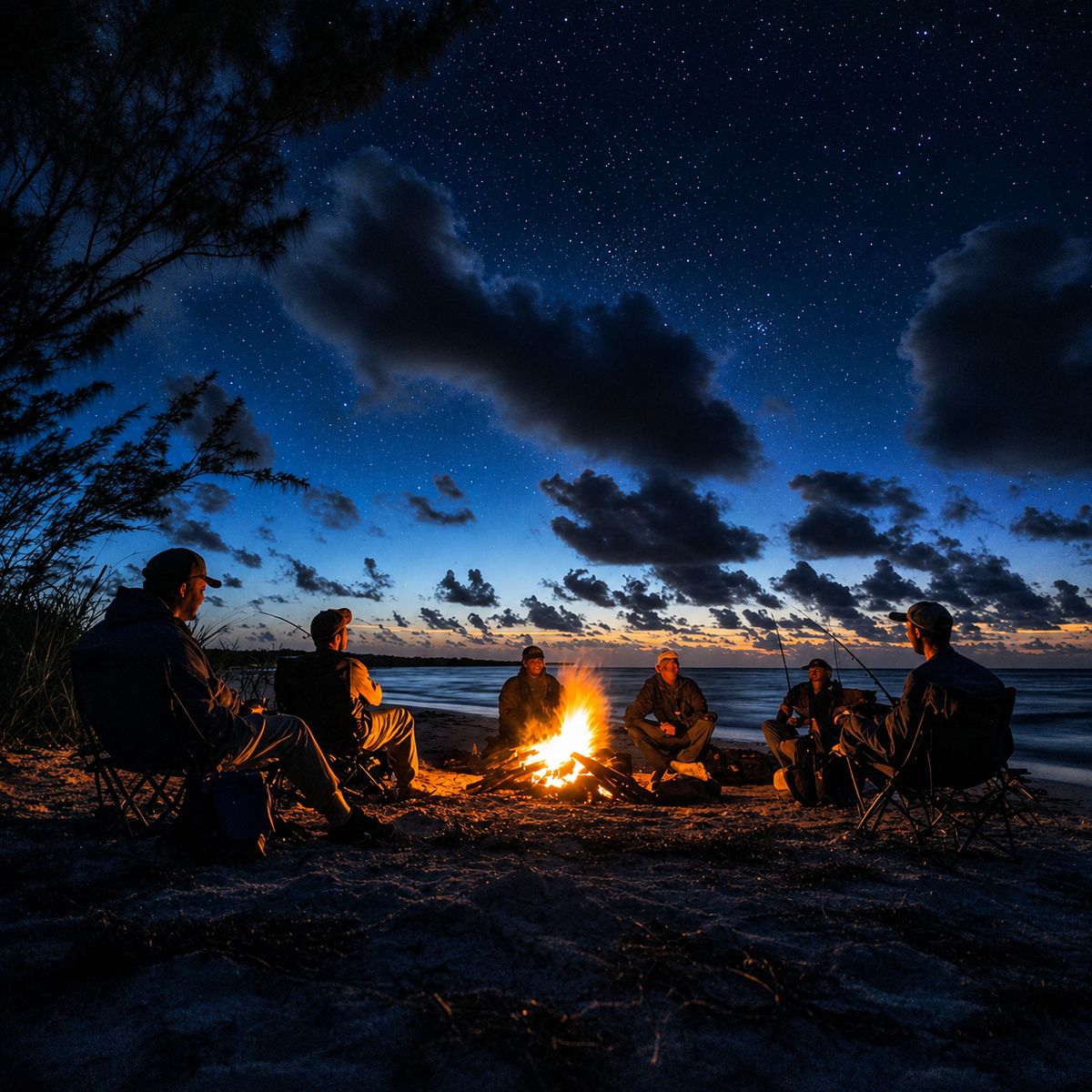 Friends around a beach bonfire under a starry night sky