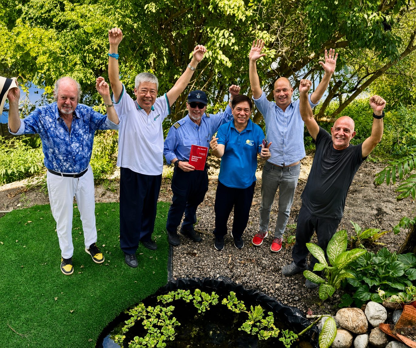 Six friends cheering with raised arms in the garden