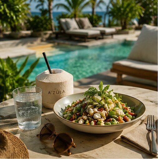 A&rsquo;Z&uuml;la lunch, coconut drink and sparkling water beside a private pool