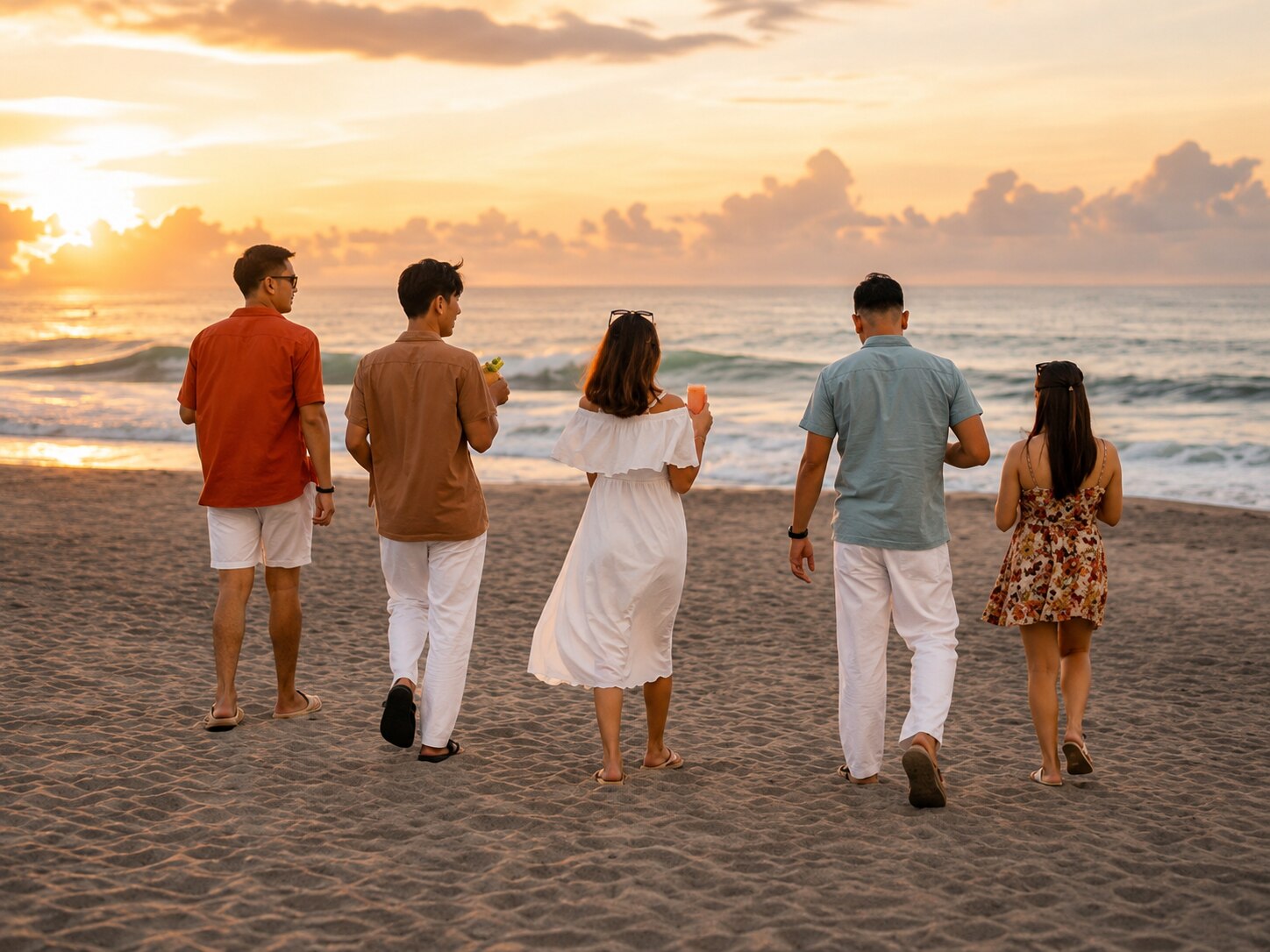 Friends walking together along the shore at sunset