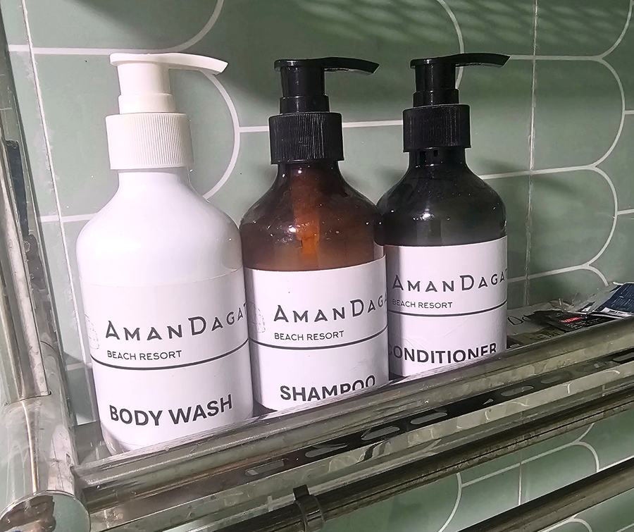 AmanDagat branded body wash, shampoo, and conditioner