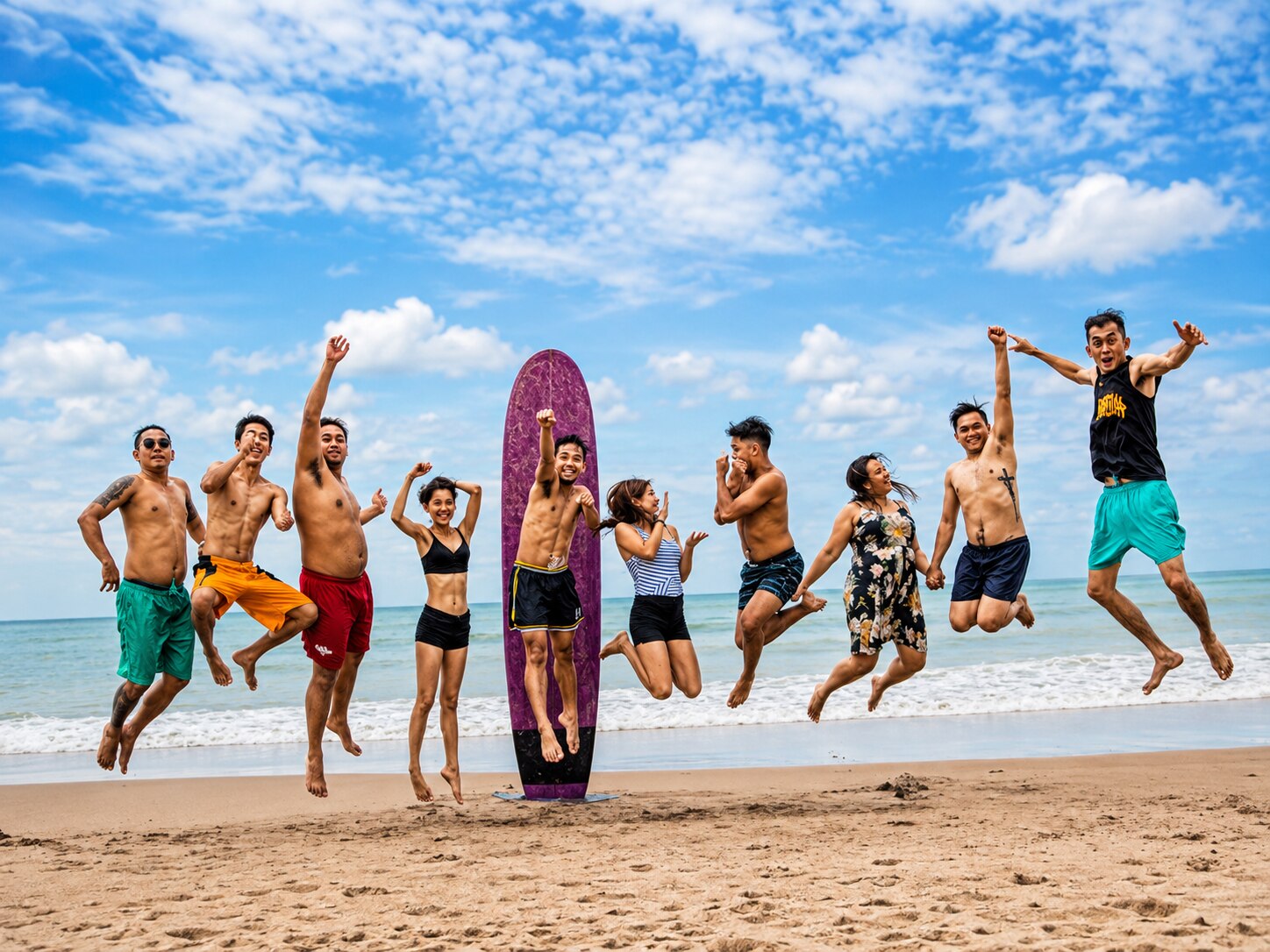 Group celebrating with a jump on the beach at AmanDagat