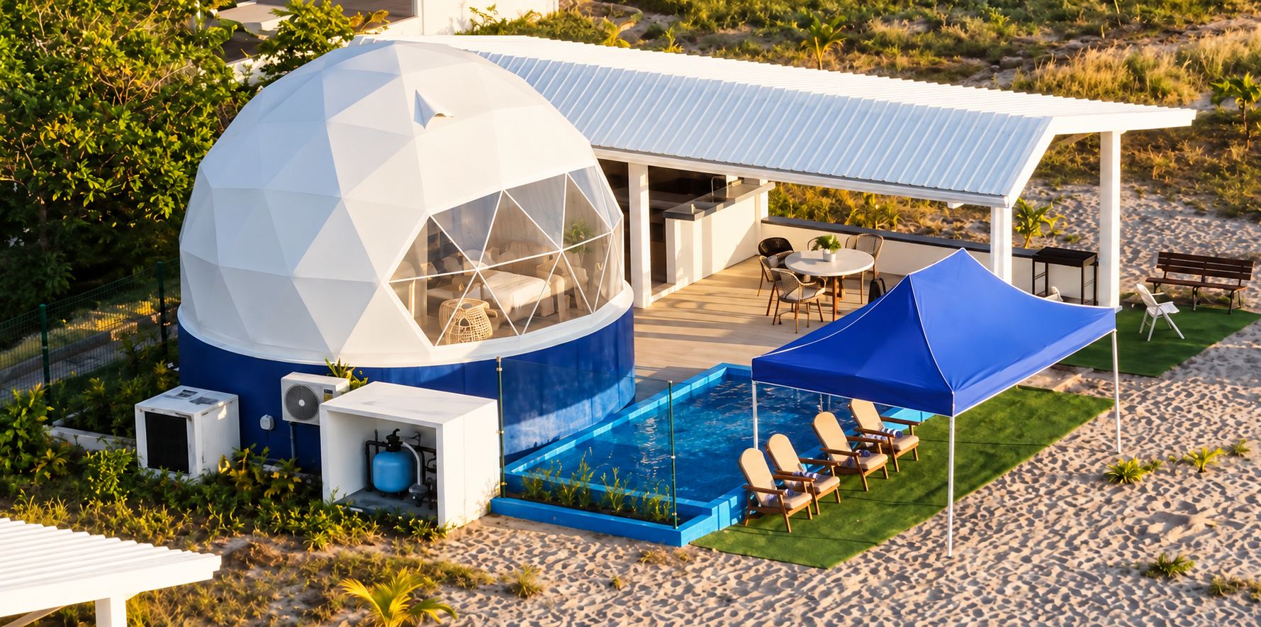 Grand Pearl Villa with private pool, sun loungers and blue shade canopy