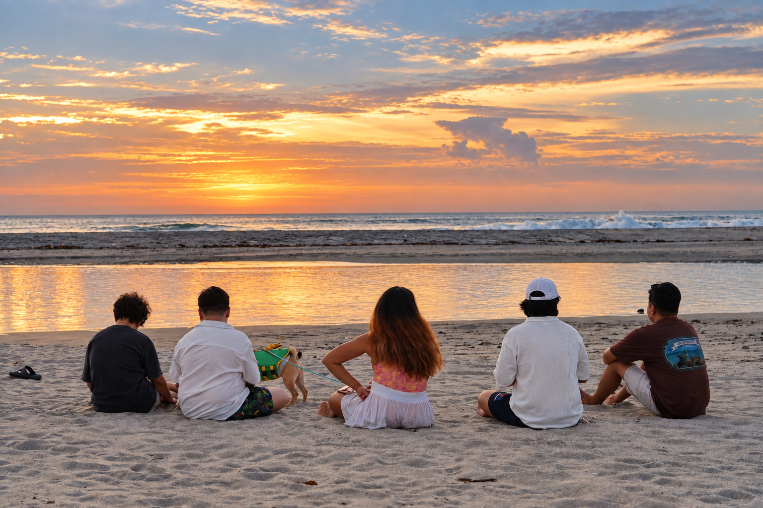 Friends and a dog watching the sunset together on the beach